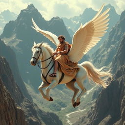 A first-century man riding a strong, white winged horse amidst towering mountains