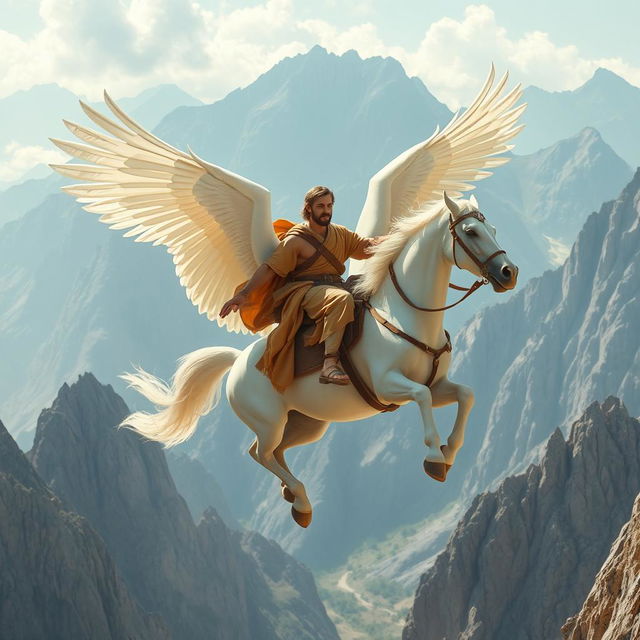 A first-century man riding a strong, white winged horse amidst towering mountains