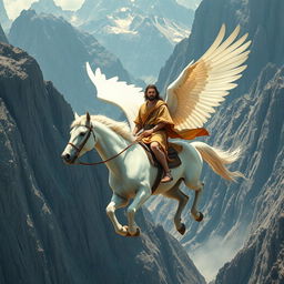 A first-century man riding a strong, white winged horse amidst towering mountains