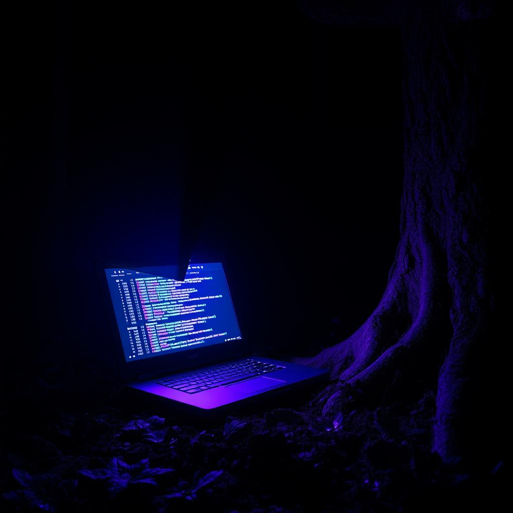 A broken computer sitting on the forest floor at night, surrounded by trees and dense foliage