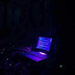 A broken computer sitting on the forest floor at night, surrounded by trees and dense foliage