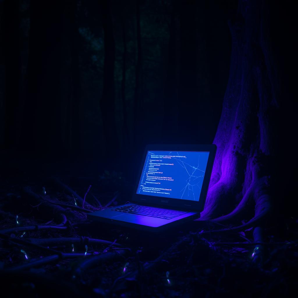 A broken computer sitting on the forest floor at night, surrounded by trees and dense foliage