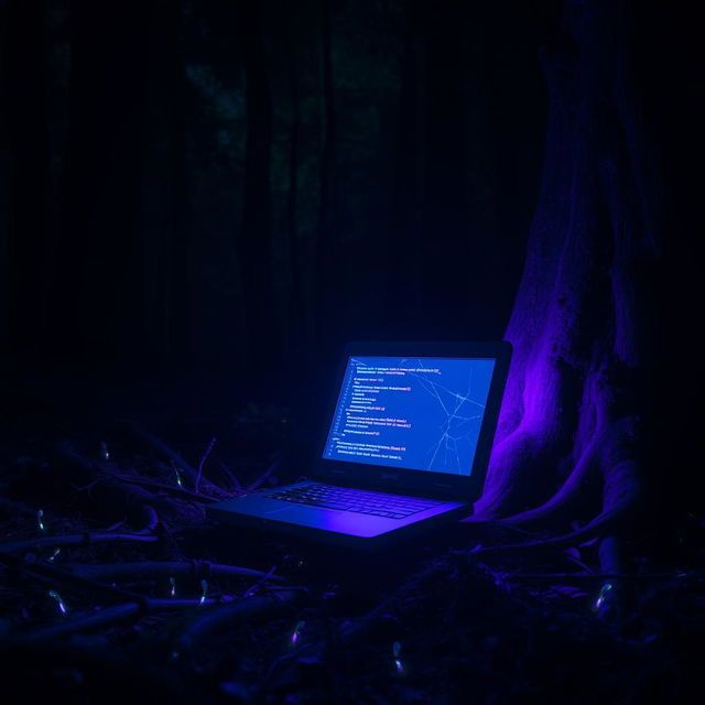 A broken computer sitting on the forest floor at night, surrounded by trees and dense foliage