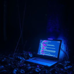 A broken computer sitting on the forest floor at night, surrounded by trees and dense foliage