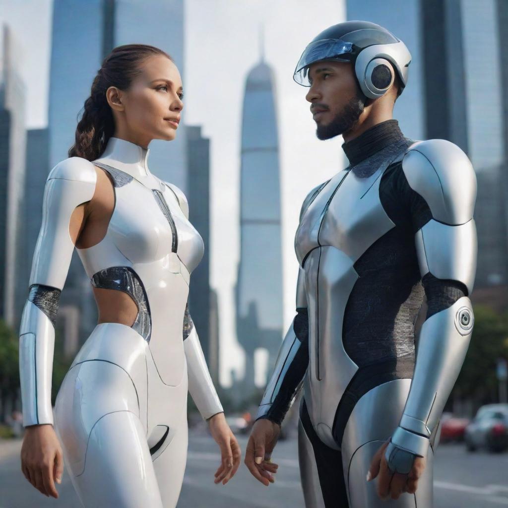 Depict a woman and a man in the year 2050, adorned in futuristic attire, equipped with cutting-edge technology, interacting with integrated AI systems in an advanced cityscape