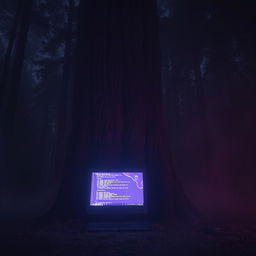 A computer in the midst of a dense forest at night, with a broken screen displaying glowing codes