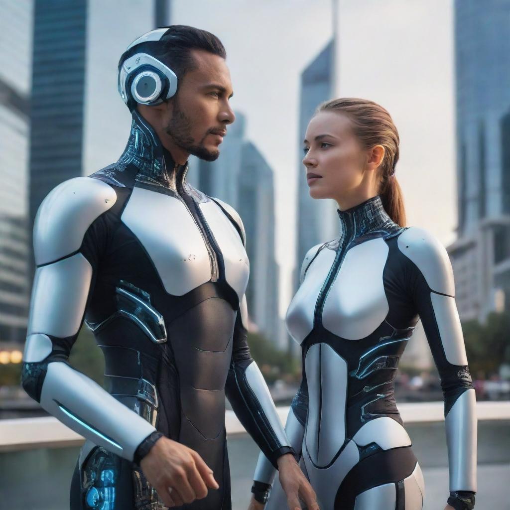 Depict a woman and a man in the year 2050, adorned in futuristic attire, equipped with cutting-edge technology, interacting with integrated AI systems in an advanced cityscape