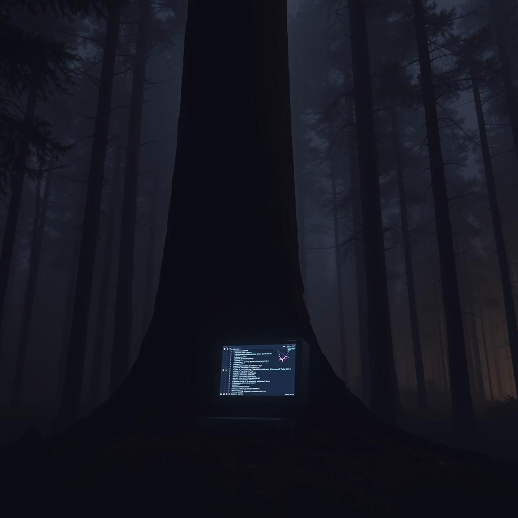 A computer in the midst of a dense forest at night, with a broken screen displaying glowing codes