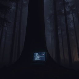 A computer in the midst of a dense forest at night, with a broken screen displaying glowing codes