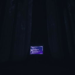 A computer in the midst of a dense forest at night, with a broken screen displaying glowing codes