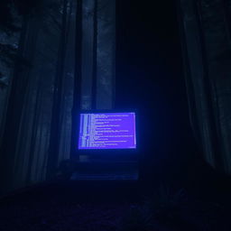 A computer in the midst of a dense forest at night, with a broken screen displaying glowing codes