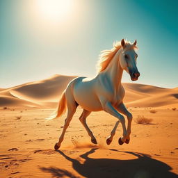 A beautiful white horse galloping freely in a vast desert landscape