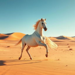 A beautiful white horse galloping freely in a vast desert landscape