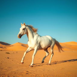 A beautiful white horse galloping freely in a vast desert landscape