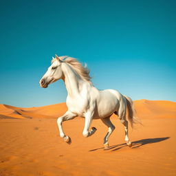 A beautiful white horse galloping freely in a vast desert landscape