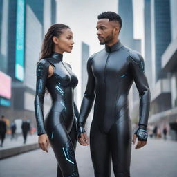 Depict a woman and a man in the year 2050, adorned in futuristic attire, equipped with cutting-edge technology, interacting with integrated AI systems in an advanced cityscape