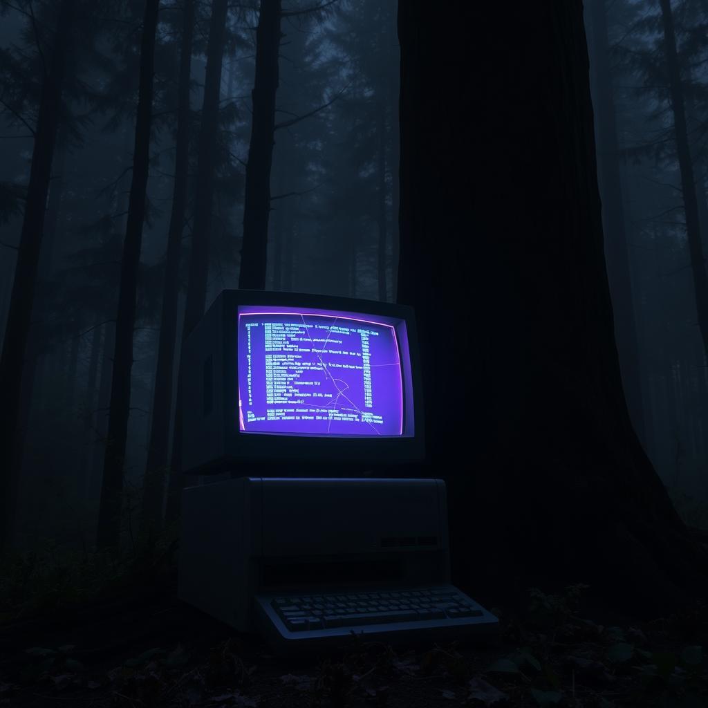 An old computer with a broken screen but still powered on, displaying glowing codes, positioned at the base of a large tree in a dark forest at night