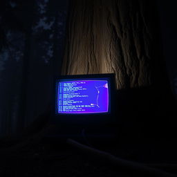 An old computer with a broken screen but still powered on, displaying glowing codes, positioned at the base of a large tree in a dark forest at night