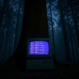 An old computer with a broken screen but still powered on, displaying glowing codes, positioned at the base of a large tree in a dark forest at night