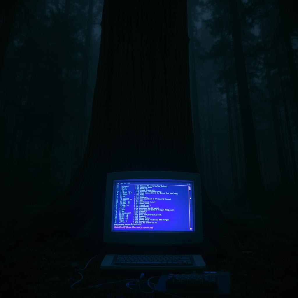 An old computer with a broken screen but still powered on, displaying glowing codes, positioned at the base of a large tree in a dark forest at night