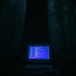 An old computer with a broken screen but still powered on, displaying glowing codes, positioned at the base of a large tree in a dark forest at night