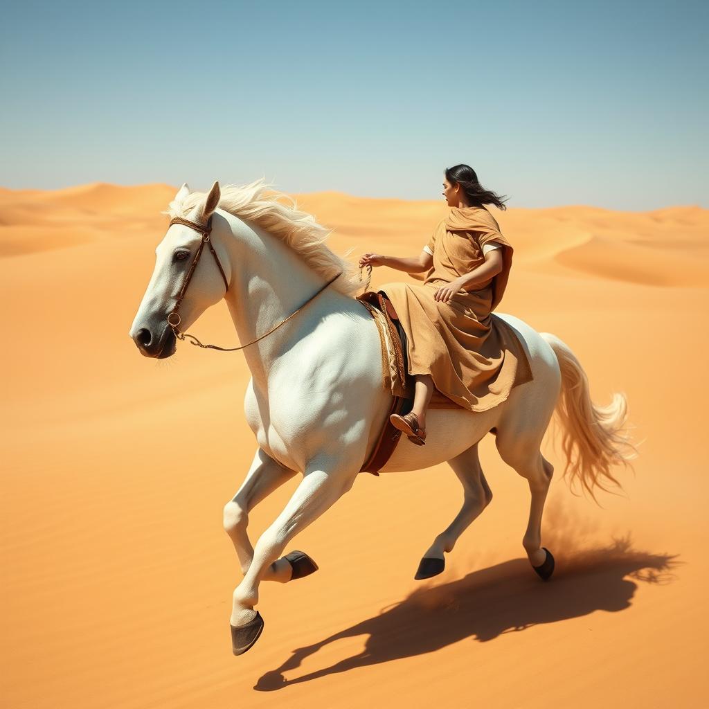 A stunning scene of a majestic white horse galloping through a vast desert, ridden by a figure in a camel-colored tunic and sandals, emulating the attire of the 1st century