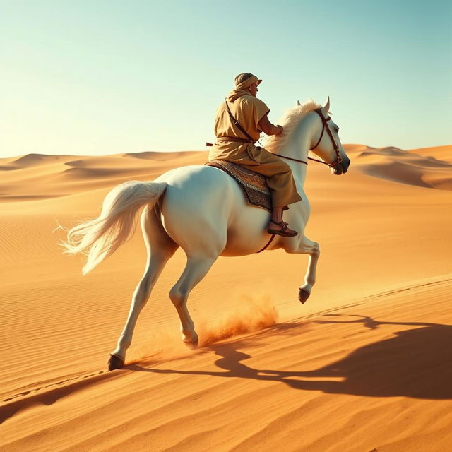 A stunning scene of a majestic white horse galloping through a vast desert, ridden by a figure in a camel-colored tunic and sandals, emulating the attire of the 1st century