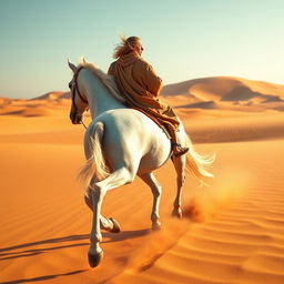 A stunning scene of a majestic white horse galloping through a vast desert, ridden by a figure in a camel-colored tunic and sandals, emulating the attire of the 1st century