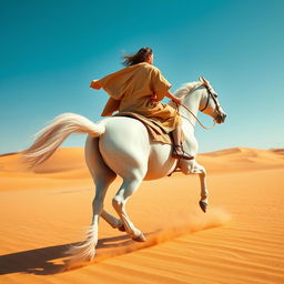 A stunning scene of a majestic white horse galloping through a vast desert, ridden by a figure in a camel-colored tunic and sandals, emulating the attire of the 1st century