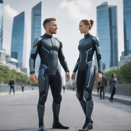 Depict a woman and a man in the year 2050, adorned in futuristic attire, equipped with cutting-edge technology, interacting with integrated AI systems in an advanced cityscape