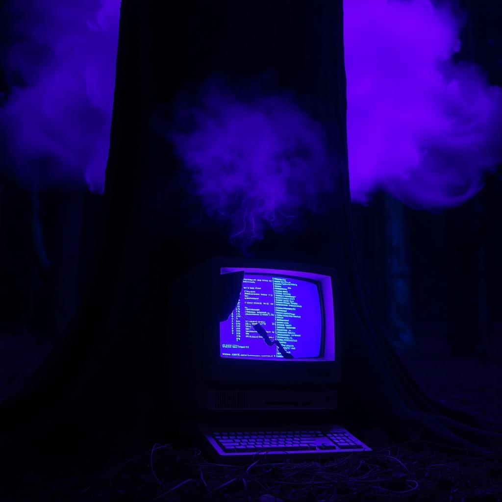 An old computer with a broken screen, still functioning and displaying glowing codes, located at the base of a large tree in a dark forest at night