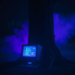 An old computer with a broken screen, still functioning and displaying glowing codes, located at the base of a large tree in a dark forest at night