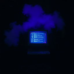 An old computer with a broken screen, still functioning and displaying glowing codes, located at the base of a large tree in a dark forest at night