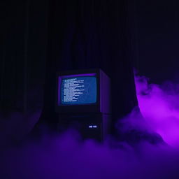 An old computer with a broken screen, still functioning and displaying glowing codes, located at the base of a large tree in a dark forest at night