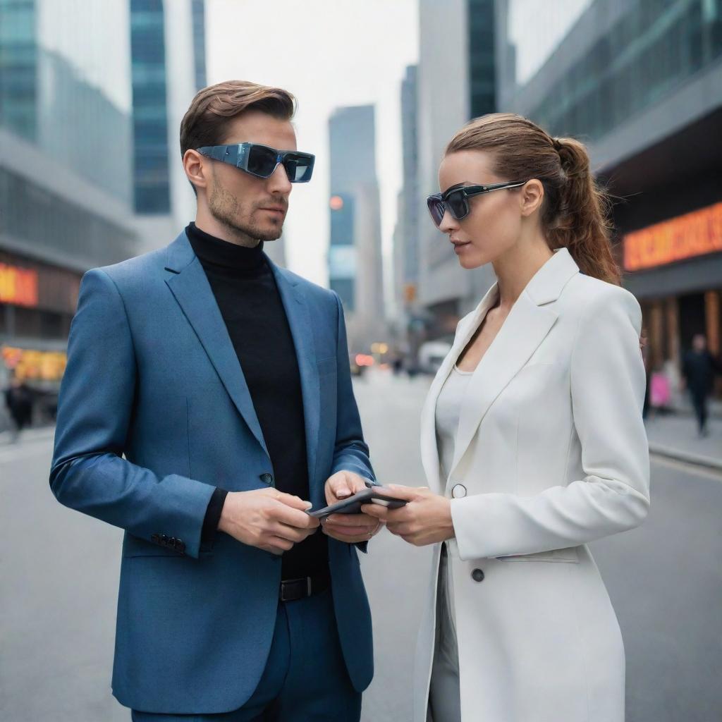 Showcase a woman and a man from the year 2060, dressed in forward-looking fashion, using advanced personal gadgets and AI enhanced devices, existing within a highly technological urban setting