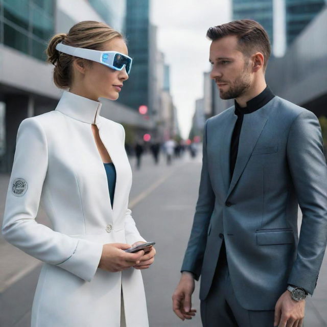 Showcase a woman and a man from the year 2060, dressed in forward-looking fashion, using advanced personal gadgets and AI enhanced devices, existing within a highly technological urban setting