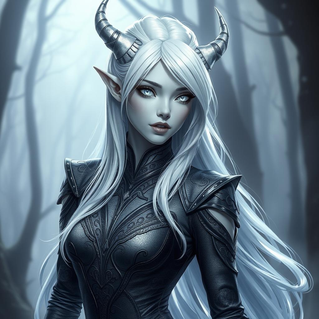 A female changeling character with silver white hair cascading down her shoulders, all white eyes that have an ethereal glow, and smooth grey skin