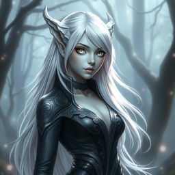 A female changeling character with silver white hair cascading down her shoulders, all white eyes that have an ethereal glow, and smooth grey skin