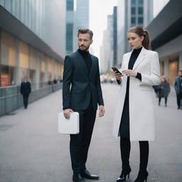 Showcase a woman and a man from the year 2060, dressed in forward-looking fashion, using advanced personal gadgets and AI enhanced devices, existing within a highly technological urban setting