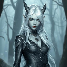 A female changeling character with silver white hair cascading down her shoulders, all white eyes that have an ethereal glow, and smooth grey skin