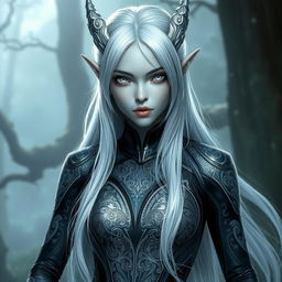 A female changeling character with silver white hair cascading down her shoulders, all white eyes that have an ethereal glow, and smooth grey skin