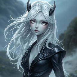 A female changeling character with silver white hair flowing elegantly, all white eyes that convey a sense of mystery, and smooth grey skin