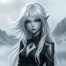 A female changeling character with silver white hair flowing elegantly, all white eyes that convey a sense of mystery, and smooth grey skin