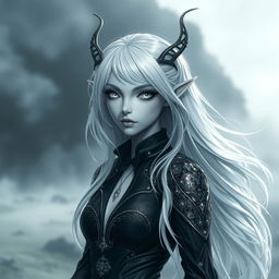 A female changeling character with silver white hair flowing elegantly, all white eyes that convey a sense of mystery, and smooth grey skin