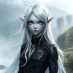 A female changeling character with silver white hair flowing elegantly, all white eyes that convey a sense of mystery, and smooth grey skin