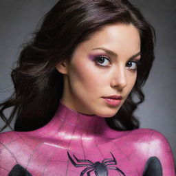 Quiero que hagas imágenes de una chica Spider del universo spiderman. Una chica de 1.68, piel clara, cabello negro no muy largo semi ondulado con un mechón de color rosa. Que sus ojos violeta brillantes sean intimidantes pero atractivos a la vez. Que su traje sea una maya negra que tenga un pequeño abrigo de color blanco y rosa. Que en su espalda tenga un dibujo de una araña rosa en forma de corazón. Que su maya sea algo reveladora. Que tenga pantaletas negras y que sus zapatillas sean de color 