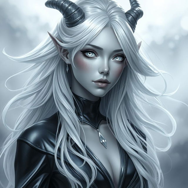 A female changeling character with flowing silver white hair, all white eyes that radiate an enchanting glow, and flawless grey skin