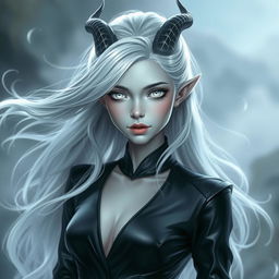 A female changeling character with flowing silver white hair, all white eyes that radiate an enchanting glow, and flawless grey skin