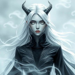 A female changeling character with flowing silver white hair, all white eyes that radiate an enchanting glow, and flawless grey skin