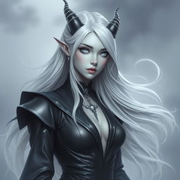 A female changeling character with flowing silver white hair, all white eyes that radiate an enchanting glow, and flawless grey skin